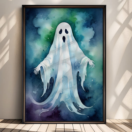 “Ghostly Glow” viser et klassisk spøkelse i myke akvarellfarger. Illustrasjon viser plakat uten hvit kant i sort ramme.