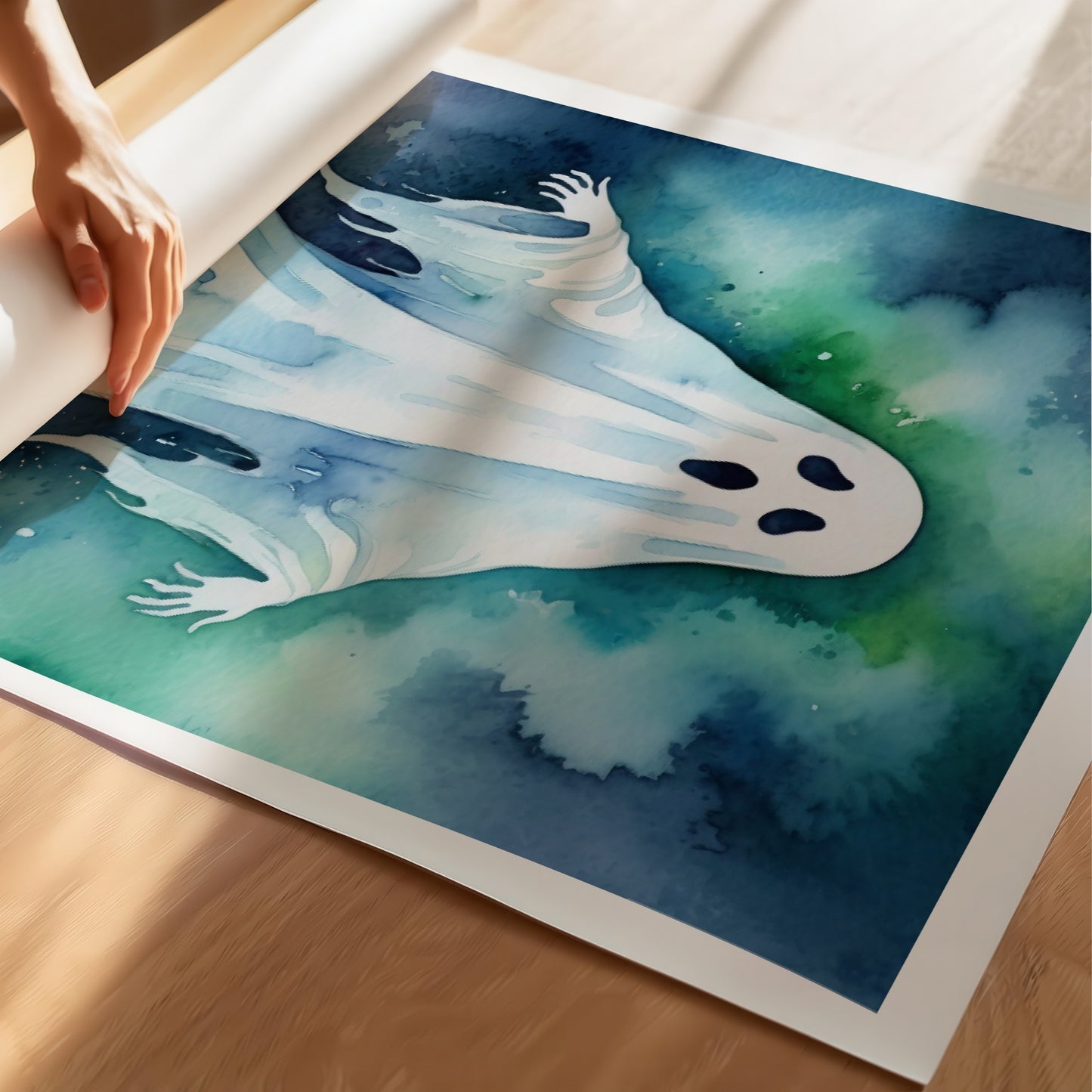 “Ghostly Glow” viser et klassisk spøkelse i myke akvarellfarger. Illustrasjon viser plakat på print.
