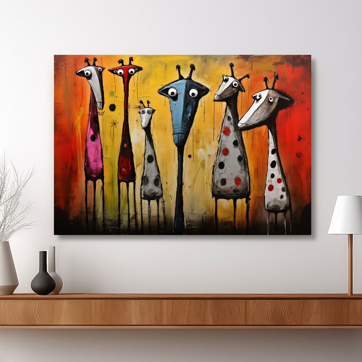 Grafisk maleri som viser flere giraffer med forskjellige fargerike mønstre, satt mot en bakgrunn av sterke farger i gult og rødt. Illustrasjonsbilde viser motivet på lerret.