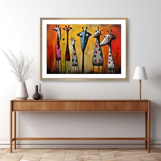 Grafisk maleri som viser flere giraffer med forskjellige fargerike mønstre, satt mot en bakgrunn av sterke farger i gult og rødt. Illustrasjonsbilde viser motivet som plakat i ramme.