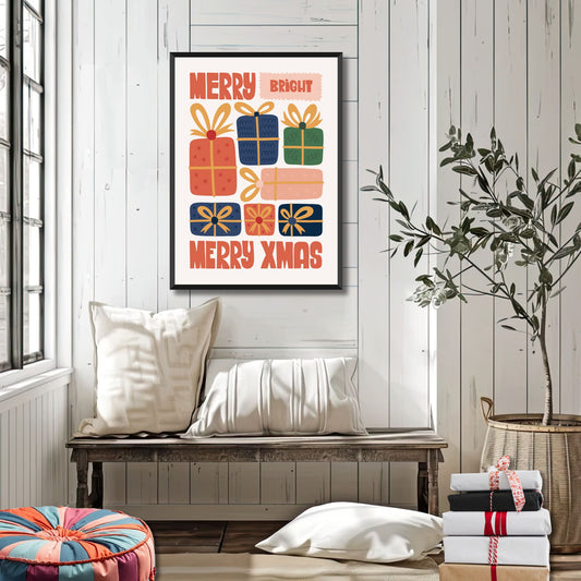 Denne fargerike illustrasjonen med innpakkede gaver og teksten "Merry Xmas" og "Bright" fanger essensen av julefeiringen og passer perfekt for adventstiden. Illustrasjonsfoto viser plakat i sort ramme.