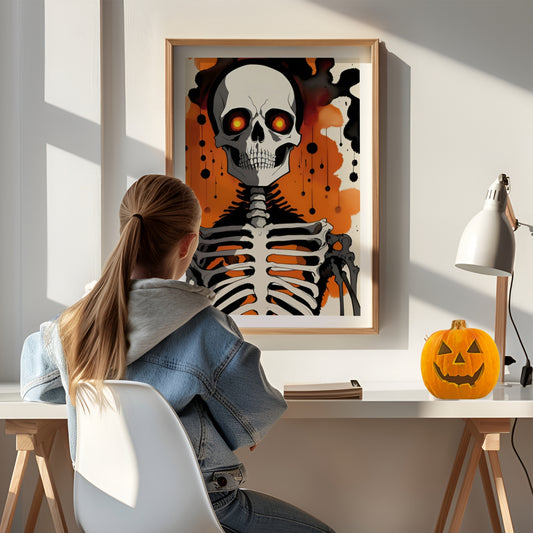 Med et skjelett som har intense, glødende øyne mot en bakgrunn av dryppende, oransje og sorte toner, gir denne plakaten en perfekt blanding av skrekk og estetikk. Illustrasjon viser plakat i eik ramme.