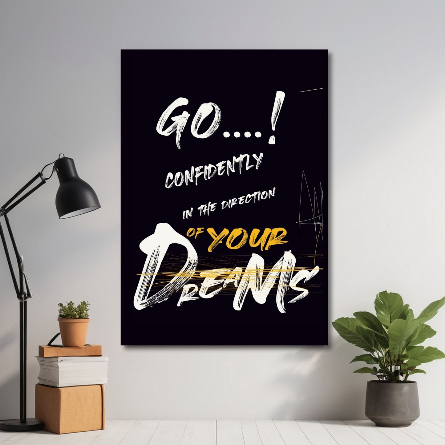 Dette unike motivet, med en grafisk graffiti illustrasjon, fanger oppmerksomheten med sitt rå og kraftfulle uttrykk med den inspirerende setninger "Go confidently in the direction of your dreams" Illustrasjonsfoto viser motivet på lerret.