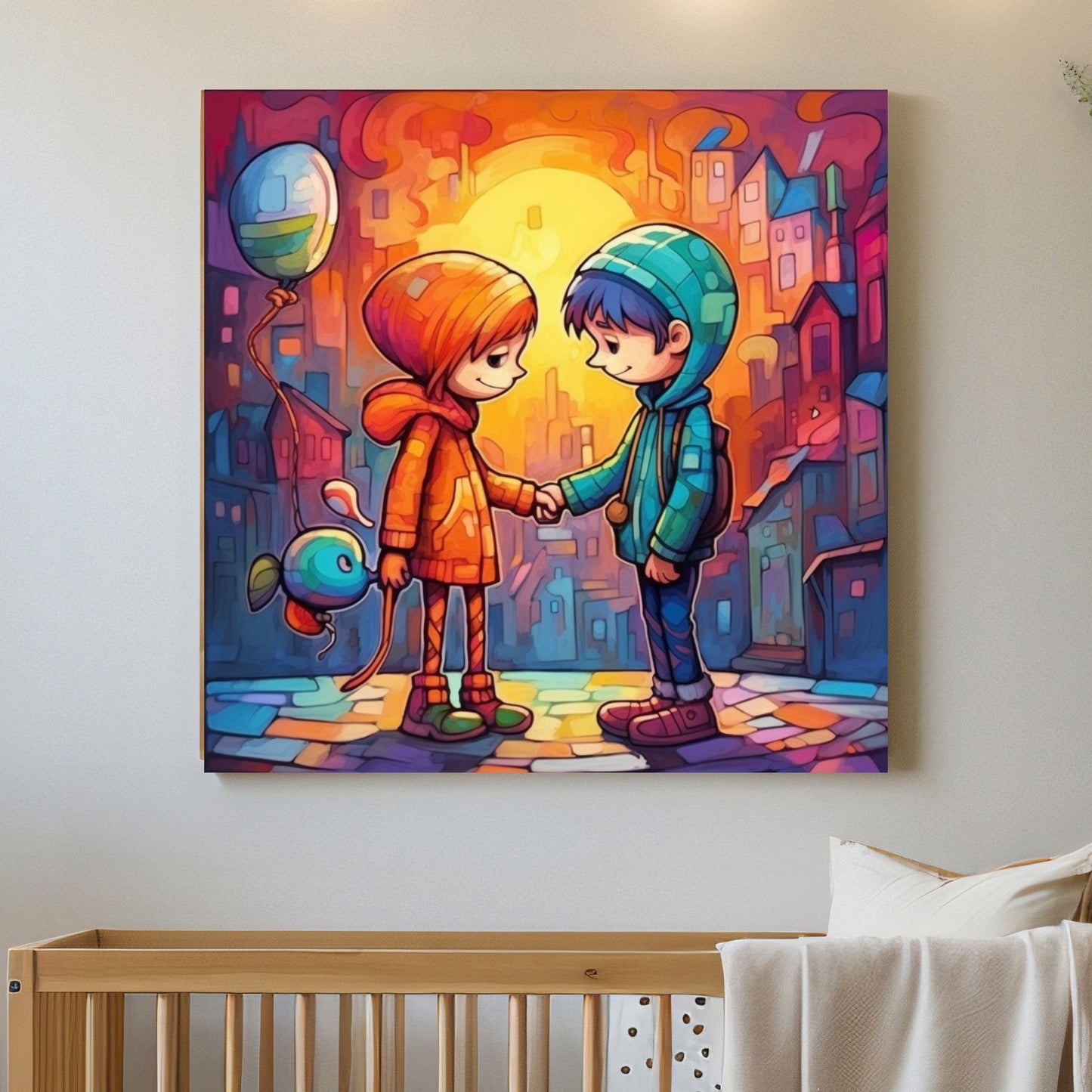 Denne fargerike grafiske plakaten fremstilt med kunstig intelligens (KI) bringer til live en sjarmerende scene hvor en gutt og jente går hånd i hånd gjennom en livlig fantasiby. Illustrasjonsfoto viser motiver på lerret i et barnerom.