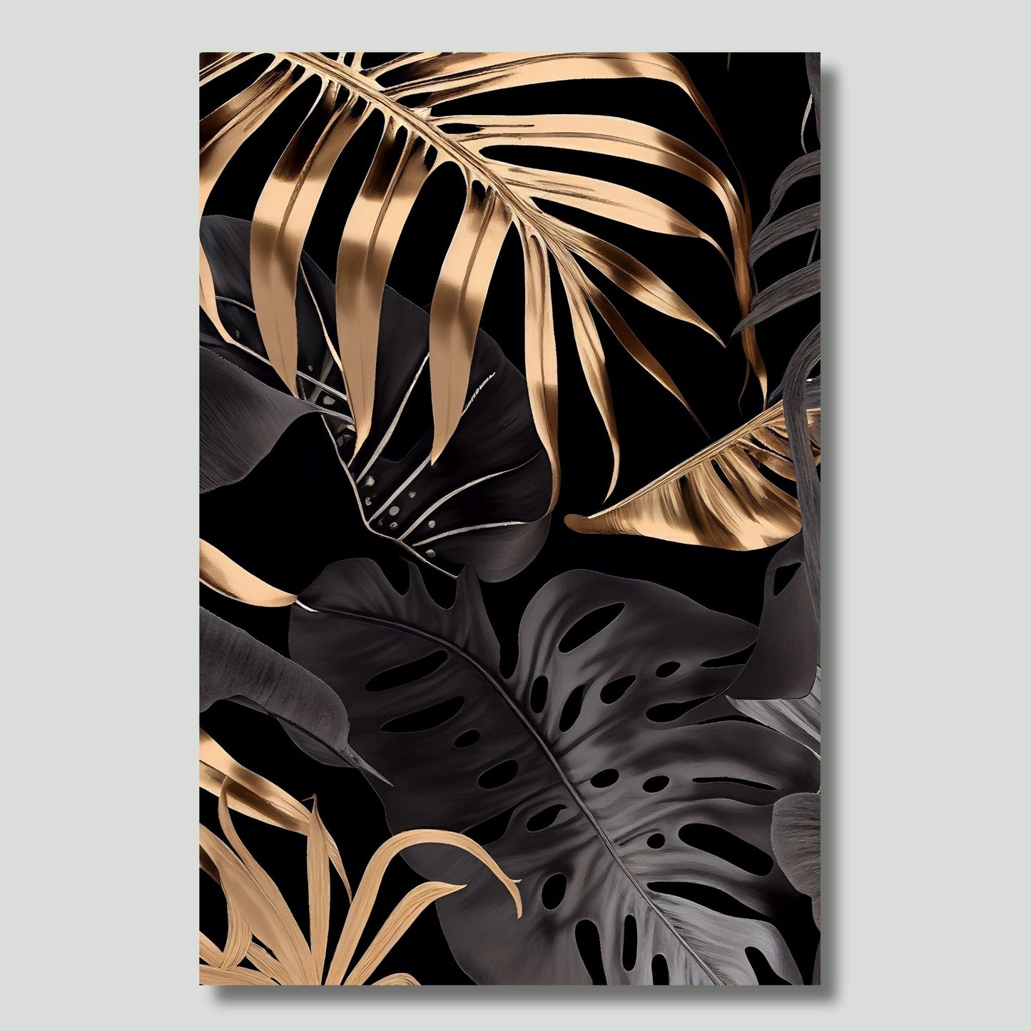 Dette kunstverket fanger oppmerksomheten med sine abstrakte gullpenselstrøk mot en dyp, sort bakgrunn, som fremhever detaljene i de delikate bladmotivene. Illustrasjonen viser motivet på lerret.