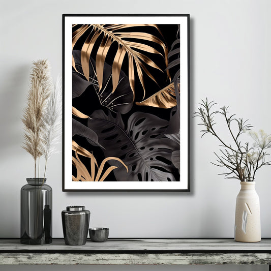 Dette kunstverket fanger oppmerksomheten med sine abstrakte gullpenselstrøk mot en dyp, sort bakgrunn, som fremhever detaljene i de delikate bladmotivene. Illustrasjonen viser motivet som plakat i svart ramme.