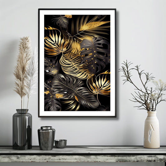 Dette kunstverket fanger oppmerksomheten med sine abstrakte gullpenselstrøk mot en dyp, sort bakgrunn, som fremhever detaljene i de delikate bladmotivene. Illustrasjonen viser motivet som plakat i svart ramme.