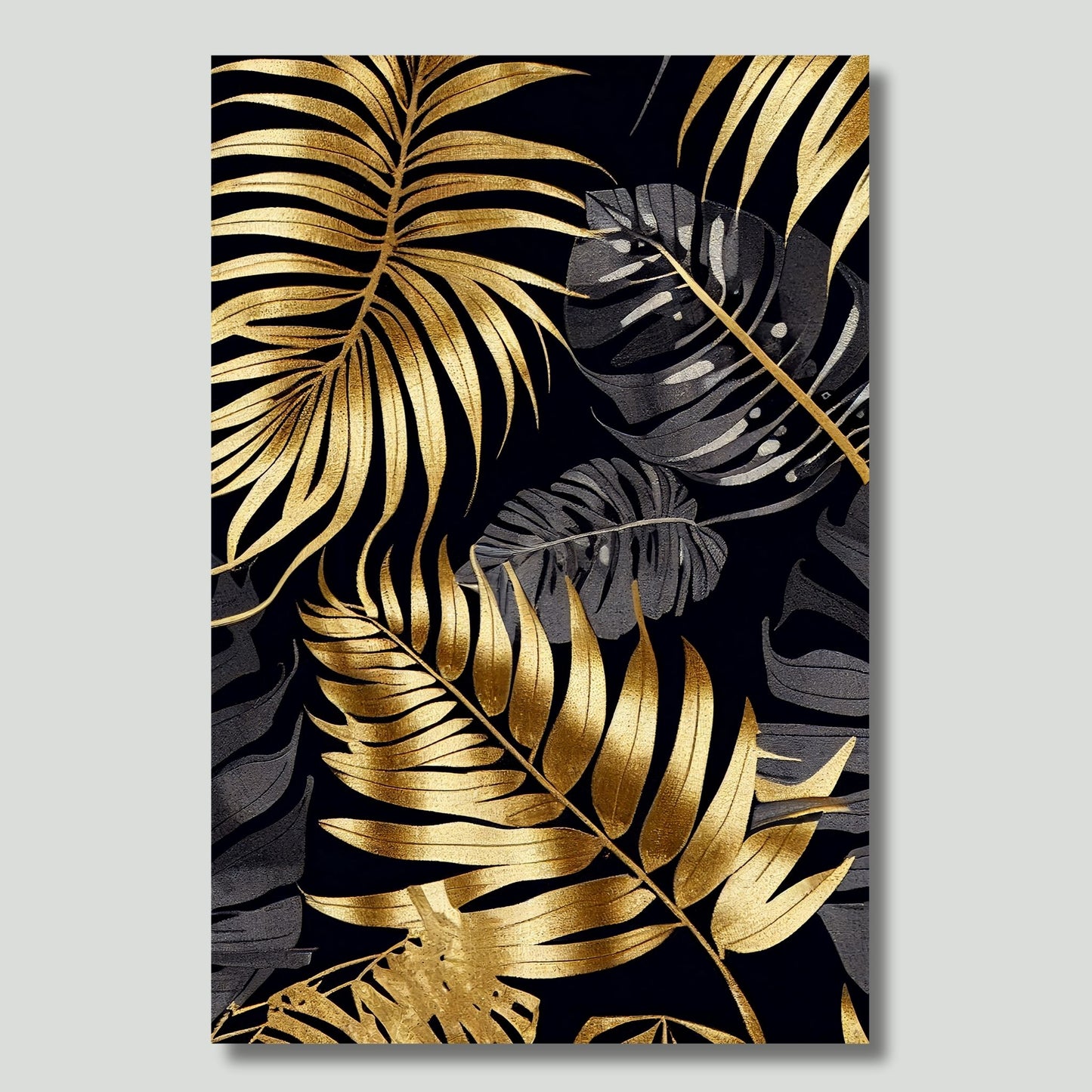 Dette kunstverket fanger oppmerksomheten med sine abstrakte gullpenselstrøk mot en dyp, sort bakgrunn, som fremhever detaljene i de delikate bladmotivene. Illustrasjonen viser motivet på lerret.