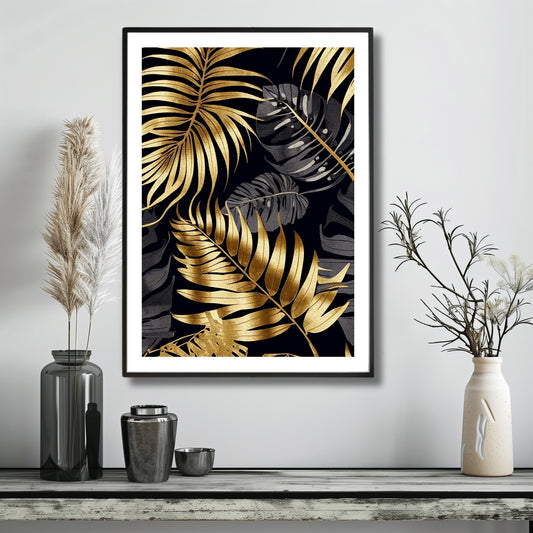 Dette kunstverket fanger oppmerksomheten med sine abstrakte gullpenselstrøk mot en dyp, sort bakgrunn, som fremhever detaljene i de delikate bladmotivene. Illustrasjonen viser motivet som plakat i svart ramme.