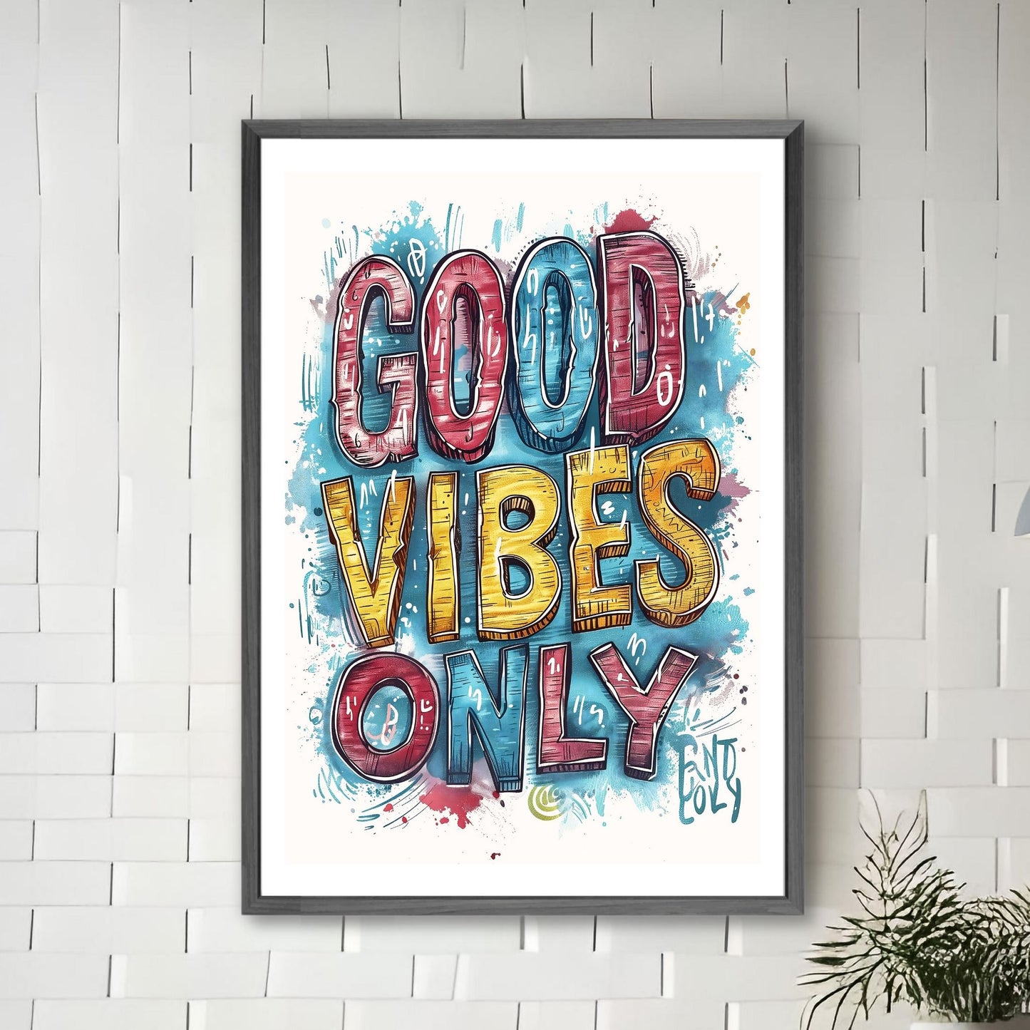 Grafisk illustrasjon med teksten "Good Vibes Only" i store, fete bokstaver i rødt, gult og blått mot en blå bakgrunn. Illustrasjonsfoto av plakat i sort ramme på en vegg.