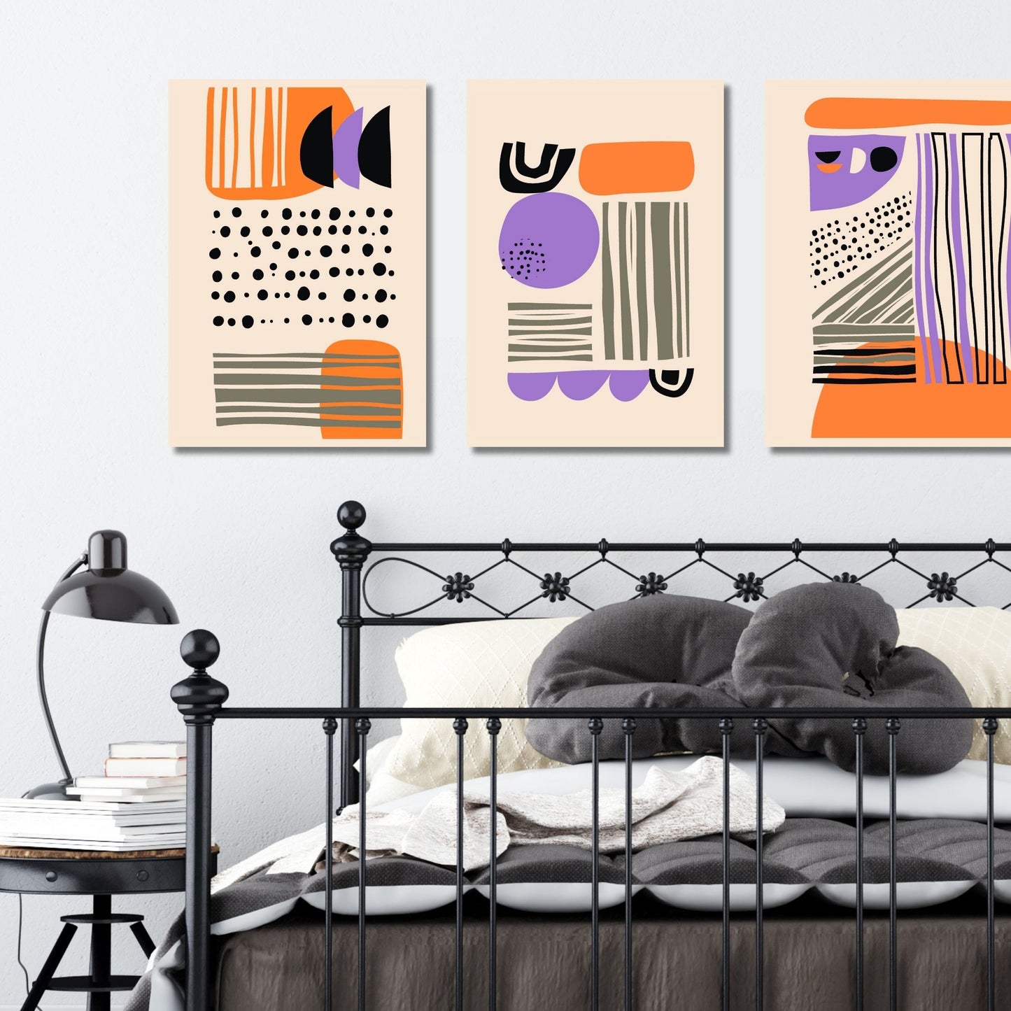 Graphic Abstract Art kunstplakater er ikke bare et kunstverk, men uttrykksfulle dekorasjoner som gir liv og personlighet til veggene dine. Enten du velger plakat eller lerret, vil disse kunstverkene skille seg ut og vekke beundring. Den dempede oransje bakgrunnen skaper en harmonisk balanse med de kontrasterende fargene. Illustrasjonsfoto viser motivene 1, 2 og 3 på lerret.