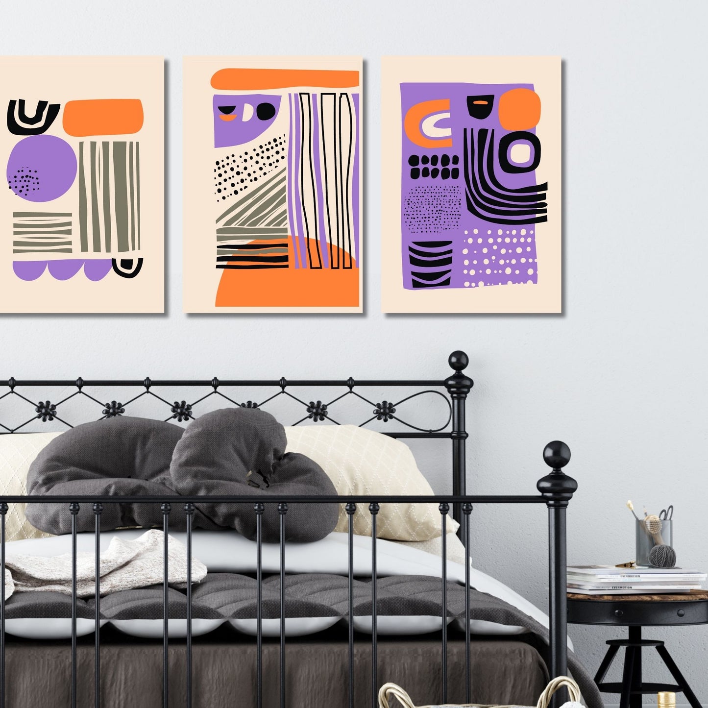 Graphic Abstract Art kunstplakater er ikke bare et kunstverk, men uttrykksfulle dekorasjoner som gir liv og personlighet til veggene dine. Enten du velger plakat eller lerret, vil disse kunstverkene skille seg ut og vekke beundring. Den dempede oransje bakgrunnen skaper en harmonisk balanse med de kontrasterende fargene. Illustrasjonsfoto viser motivene 2, 3 og 4 på lerret.