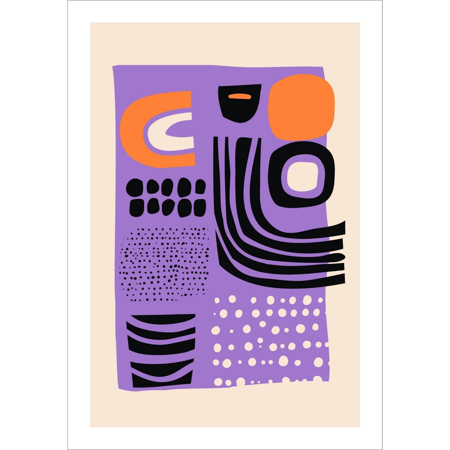 Denne unike kunstverkets visuelle dynamikk er skapt gjennom en intrikat håndtegnet abstrakt stil. Med fargerike kombinasjoner av svart, oransje, lilla og grått, satt mot en dempet oransje bakgrunn.