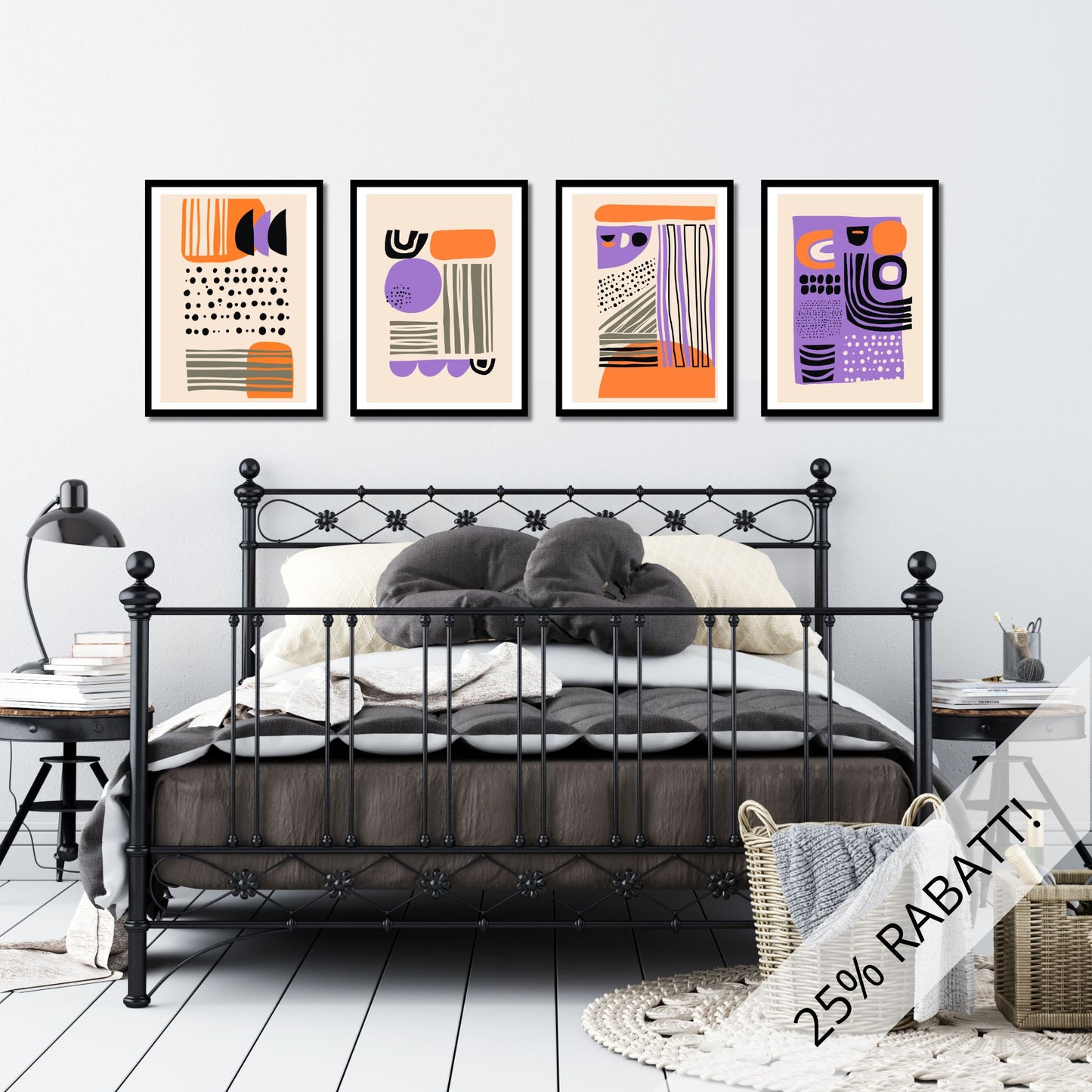 Graphic Abstract Art kunstplakater er ikke bare et kunstverk, men uttrykksfulle dekorasjoner som gir liv og personlighet til veggene dine. Enten du velger plakat eller lerret, vil disse kunstverkene skille seg ut og vekke beundring. Den dempede oransje bakgrunnen skaper en harmonisk balanse med de kontrasterende fargene. Illustrasjonsfoto viser motivene som plakater i svart ramme.