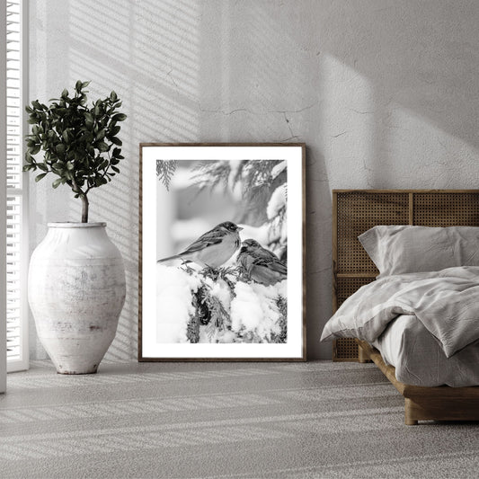 Spurver på kvist. Fotografi i sort-hvitt som plakat eller lerret. Plakat har en hvit kant rundt som gir dybde og fremhever motivet. Illustrasjoner viser fotografiet i en ramme av tre som er plassert på gulvet ved siden av en seng.