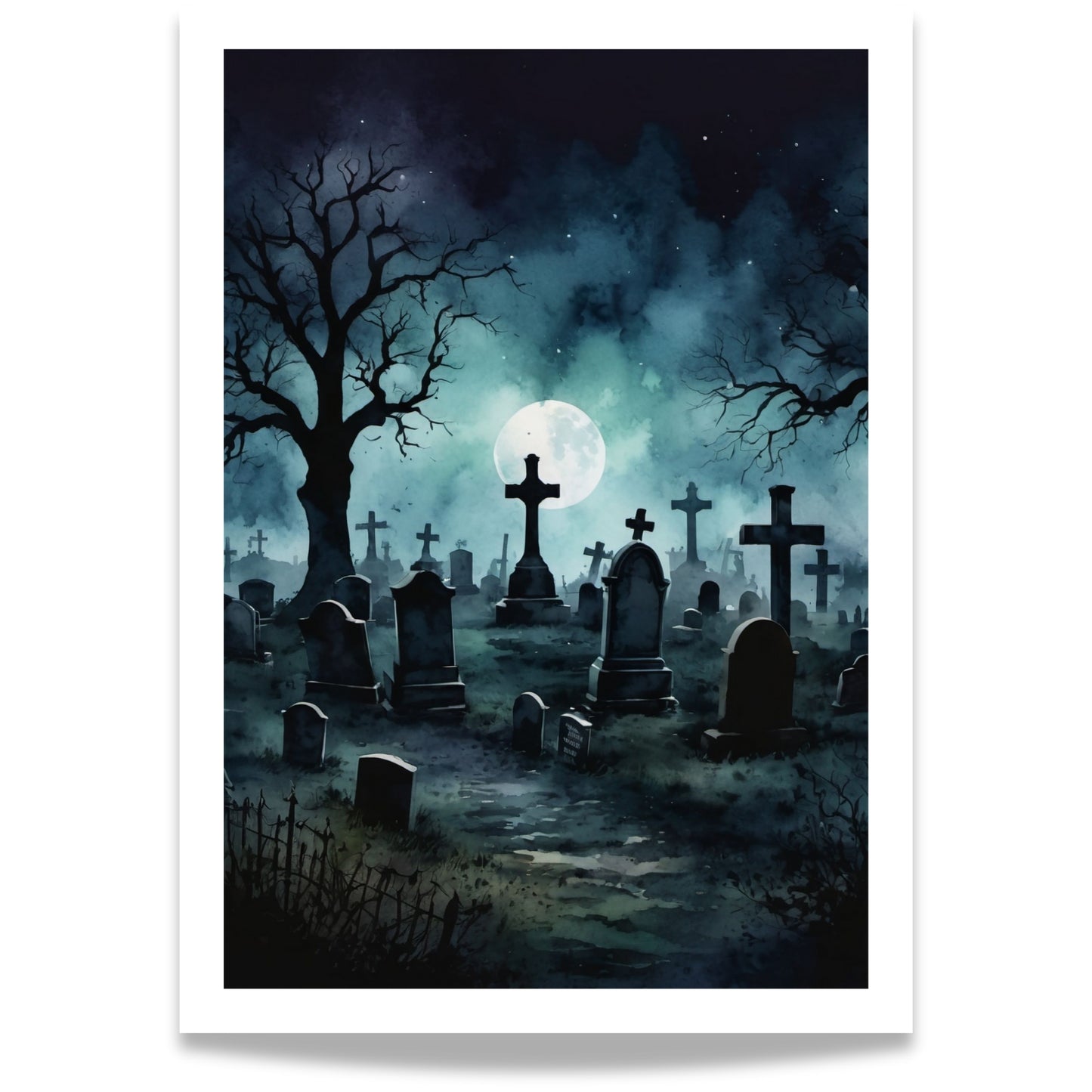 “Graveyard Whisper” fanger den stille mystikken i en måneopplyst kirkegård. De mørke gravsteinene og de nakne trærne danner en dramatisk silhuett mot den blågrønne nattehimmelen.
