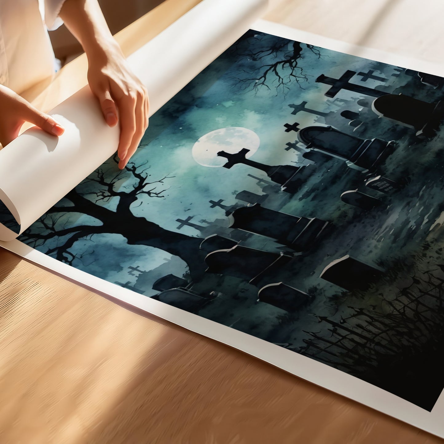 “Graveyard Whisper” fanger den stille mystikken i en måneopplyst kirkegård. De mørke gravsteinene og de nakne trærne danner en dramatisk silhuett mot den blågrønne nattehimmelen Illustrasjon viser plakat på print.