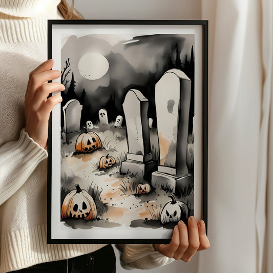 Skap en skremmende og atmosfærisk dekor med Graveyard Shadows, en Halloween-plakat som fanger essensen av mørket og mystikken fra et hjemsøkt gravsted. Illustrasjon viser plakat i sort ramme.
