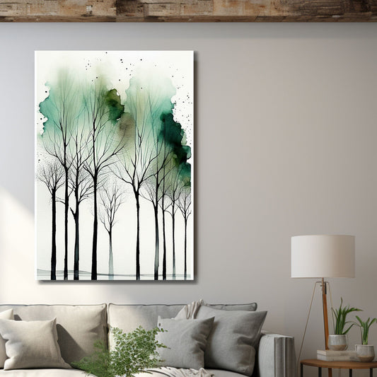 Grafisk akvarell - Green Forest. Illustrasjonsbildet viser motivet på lerret og henger over ensofa.