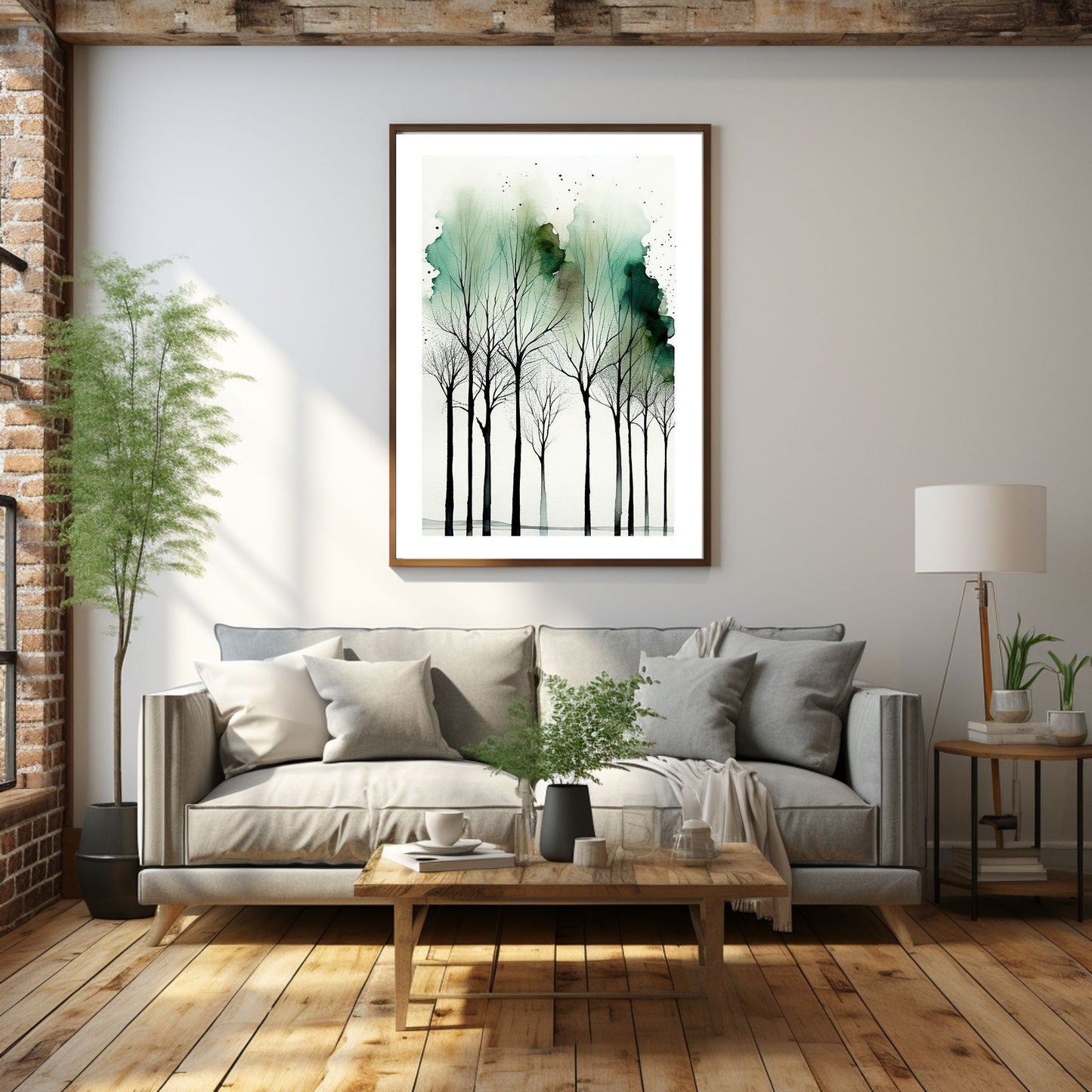 Grafisk akvarell - Green Forest. Illustrasjonsbildet viser motivet som plakat i en ramme over en sofa.