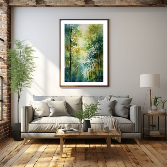 Grafisk abstrakt akvarell av lauvtrær i begynnende høstlig preg. Illustrasjonsfoto viser motivet som plakat i eikeramme på en vegg over en sofa.