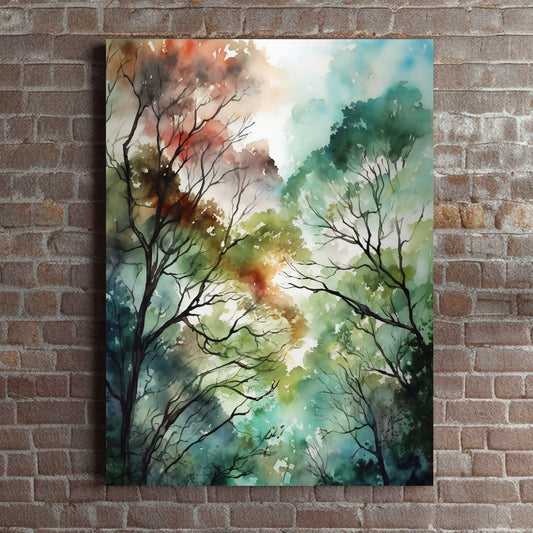 Grafisk abstrakt akvarell av lauvtrær i begynnende høstlig preg. Illustrasjonsfoto viser motivet på lerret som henger på en murvegg.