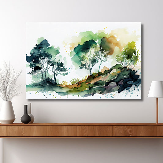 Grafisk abstrakt akvarell av lauvtrær i begynnende høstlig preg. Illustrasjonsfoto viser motivet som lerret på en vegg over en sjenk.