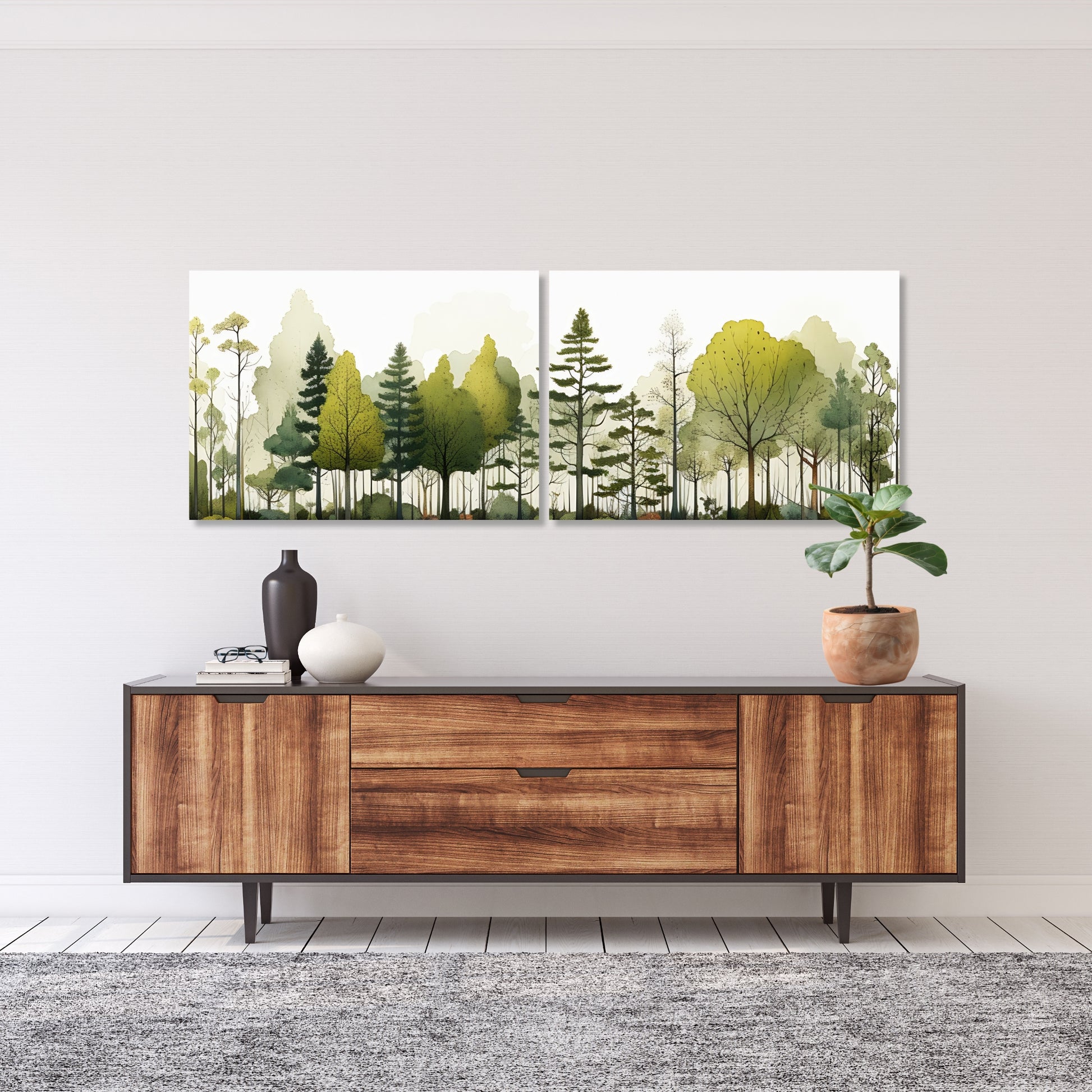 Disse fantastiske grafiske illustrasjonene av en skog fanger de delikate detaljene og den frodige grønnheten som kjennetegner naturens ro. Illustrasjonsfoto visert to paneler på lerret som danner et motiv.