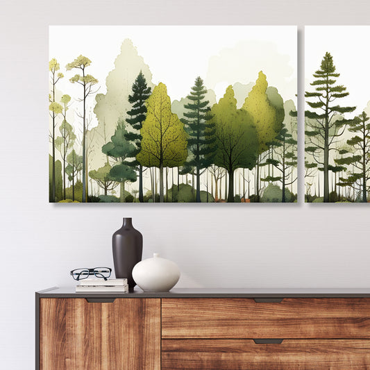 Disse fantastiske grafiske illustrasjonene av en skog fanger de delikate detaljene og den frodige grønnheten som kjennetegner naturens ro. Illustrasjonsfoto visert to paneler på lerret som danner et motiv.