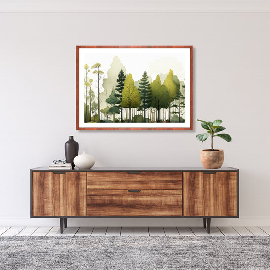 Denne fantastiske grafiske illustrasjonen av en skog fanger de delikate detaljene og den frodige grønnheten som kjennetegner naturens ro. Illustrasjonsfoto som viser motivet som plakkat i en ramme av eik.