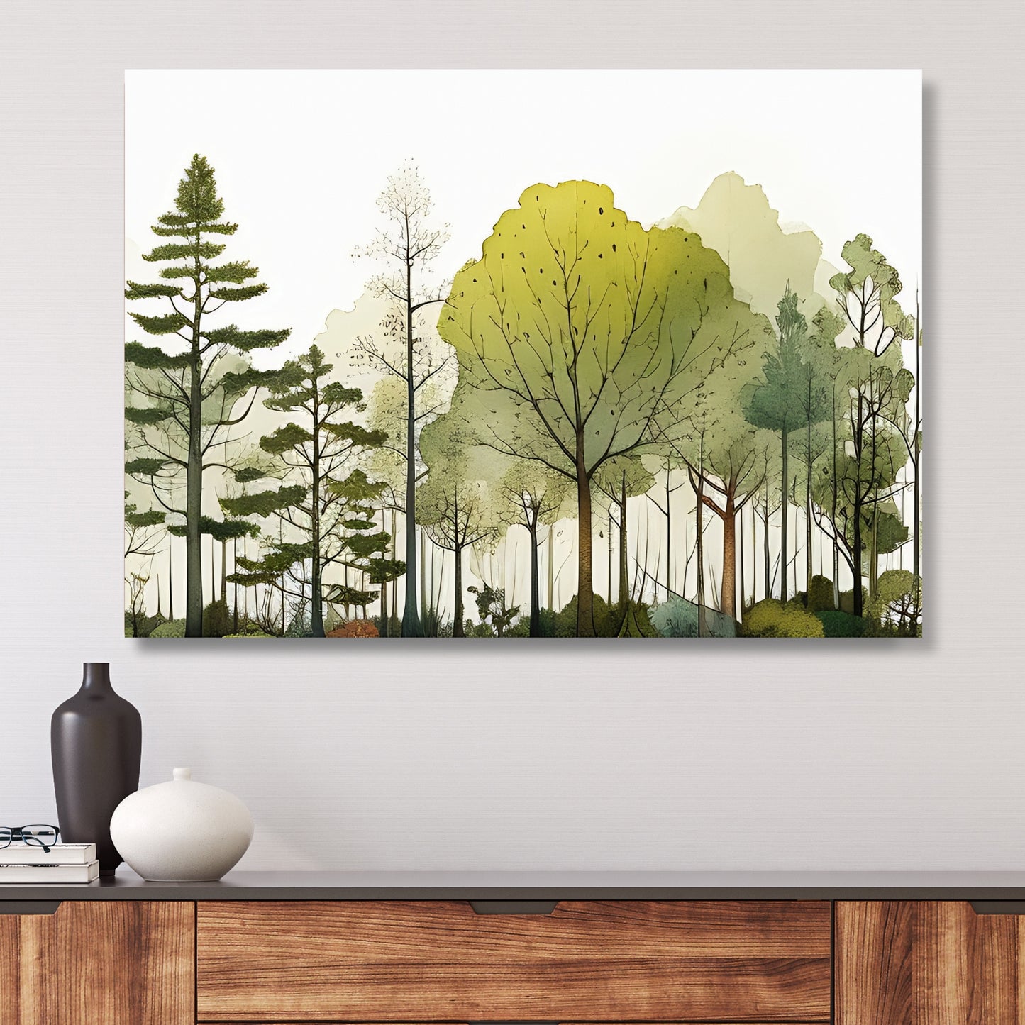 Denne fantastiske grafiske illustrasjonen av en skog fanger de delikate detaljene og den frodige grønnheten som kjennetegner naturens ro. Illustrasjonsfoto som viser motivet på lerret.