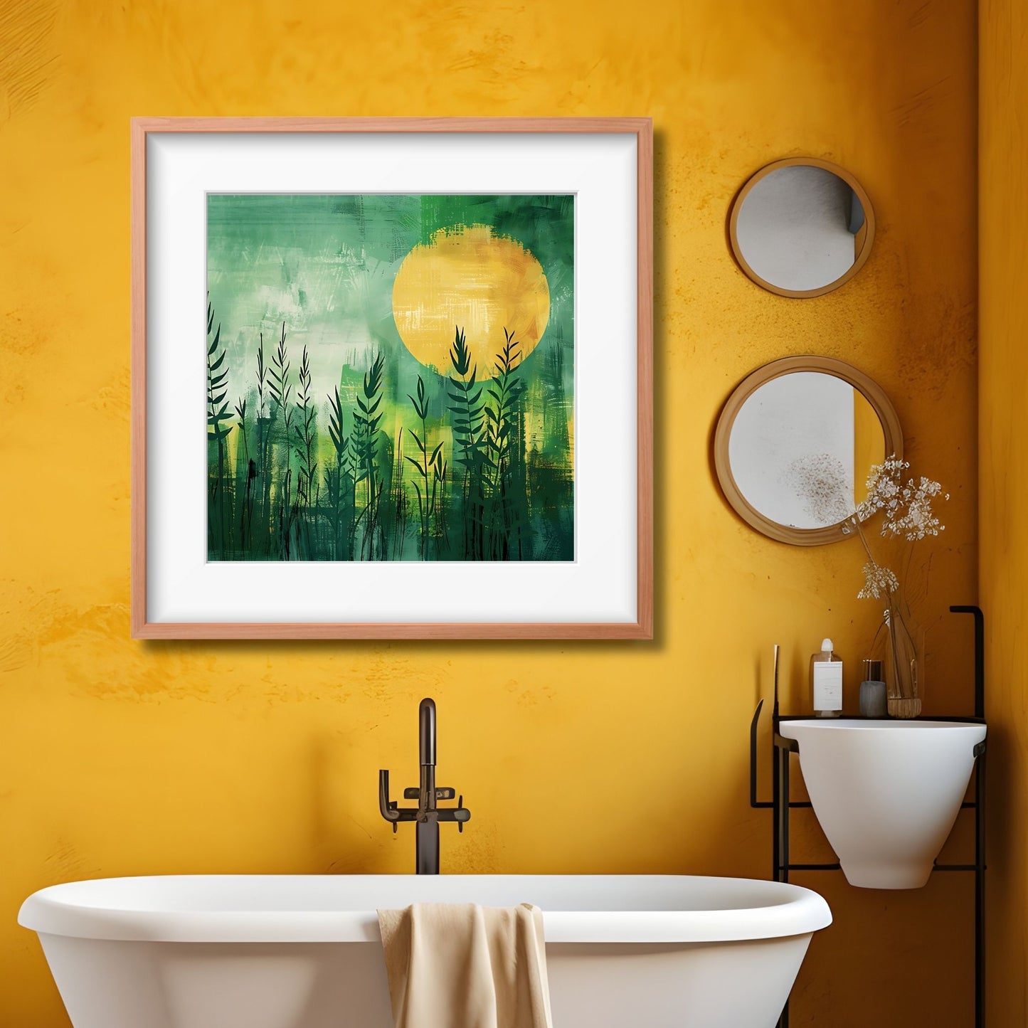 Grafisk akvarell av strå og blader som bader i et hav av grønt og gult, med en majestetisk sol som går ned i horisonten. Illustrasjonsfoto viser motivet som plakat i en lys ramme som henger på en vegg over et badekar.