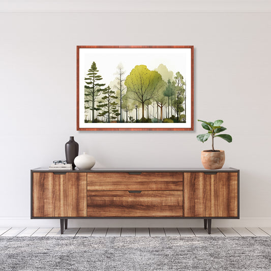 Denne fantastiske grafiske illustrasjonen av en skog fanger de delikate detaljene og den frodige grønnheten som kjennetegner naturens ro. Illustrasjonsfoto som viser motivet som plakkat i en ramme av eik.