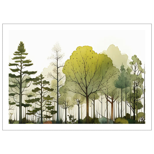 Denne fantastiske grafiske illustrasjonen av en skog fanger de delikate detaljene og den frodige grønnheten som kjennetegner naturens ro.
