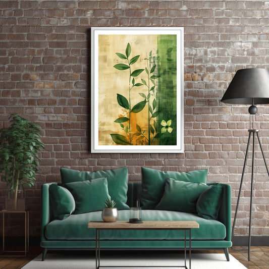 Grafisk akvarell som viser detaljene i bladverket på en bakgrunn av grønne og oransje nyanser. Illustrasjonsbildet viser motivet som plakat i en grå ramme som henger på en murvegg over en grønn sofa.