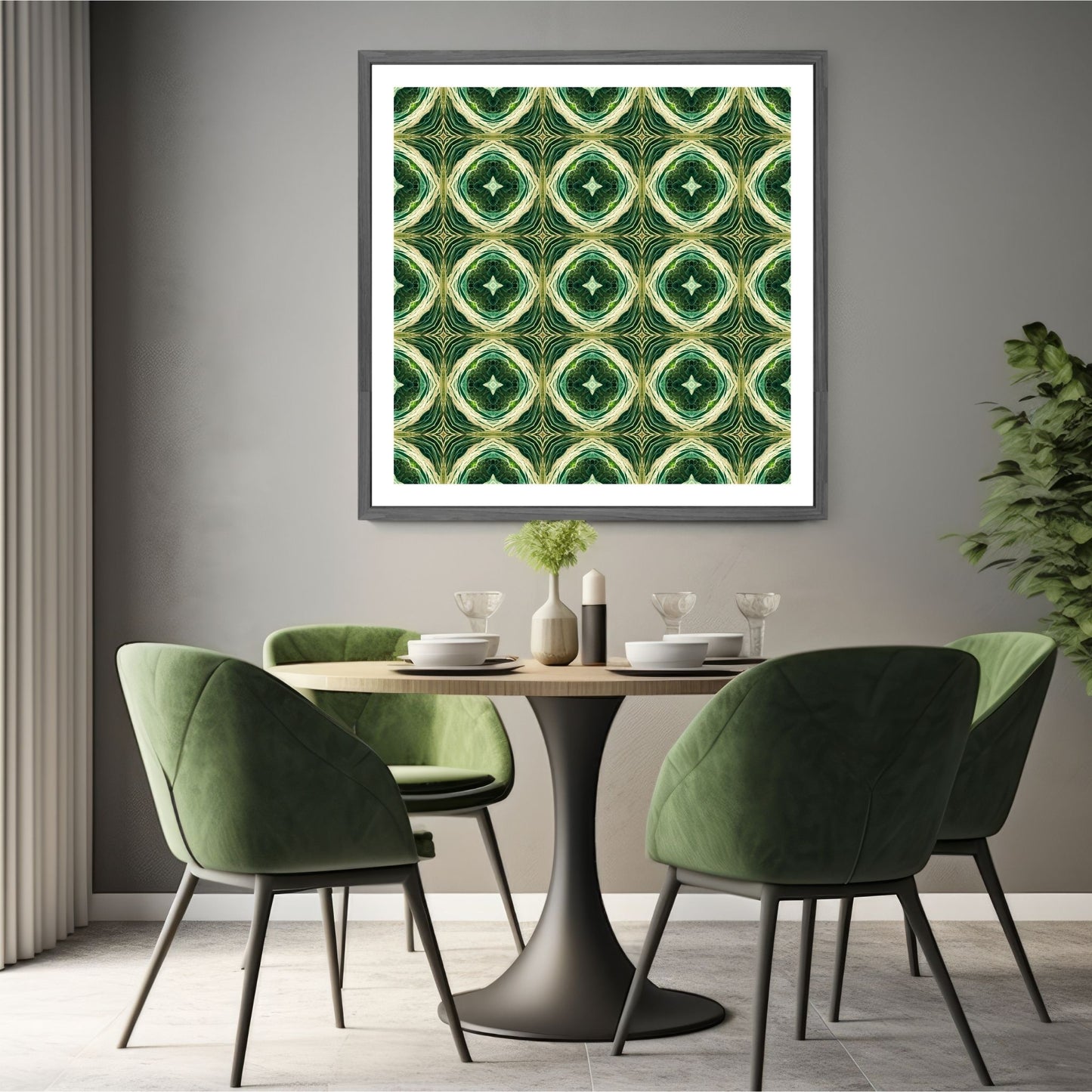 Grafisk abstrakt akvarell i sømløst, repeterende mønster. Illustrasjonsfoto viser motiv som plakat i grå ramme.