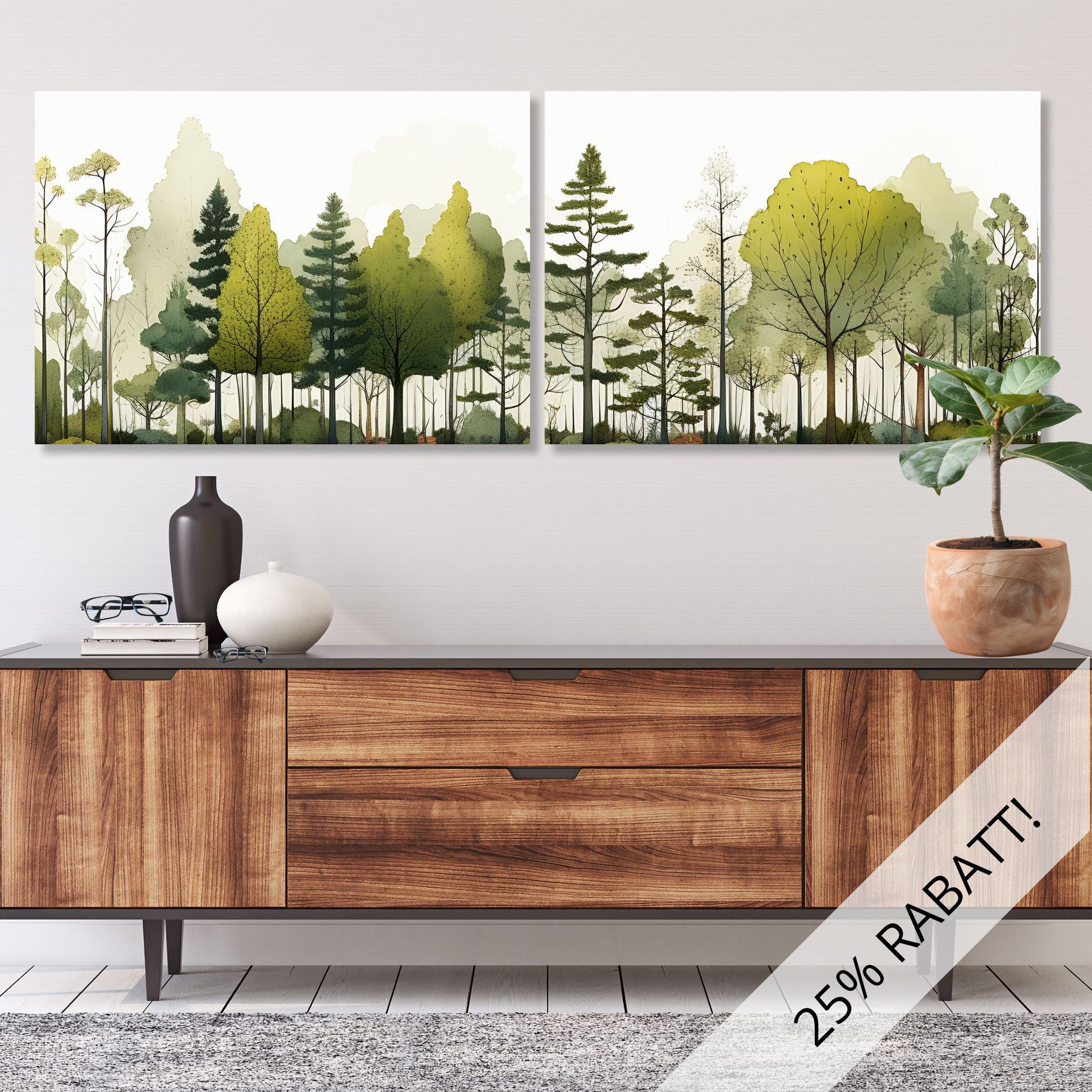 Disse fantastiske grafiske illustrasjonene av en skog fanger de delikate detaljene og den frodige grønnheten som kjennetegner naturens ro. Illustrasjonsfoto visert to paneler på lerret som danner et motiv.