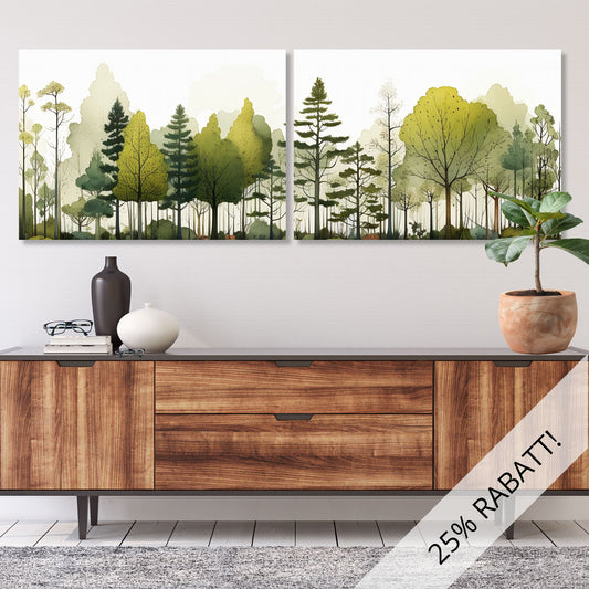 Disse fantastiske grafiske illustrasjonene av en skog fanger de delikate detaljene og den frodige grønnheten som kjennetegner naturens ro. Illustrasjonsfoto visert to paneler på lerret som danner et motiv.