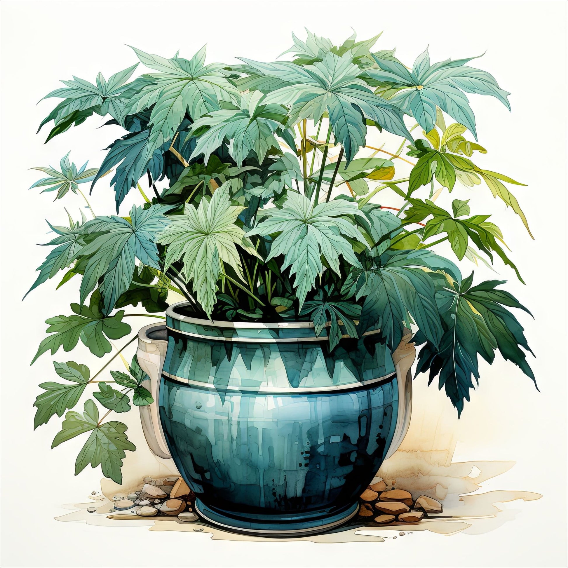 "Grønne Vekster", er en nøye utført grafisk akvarellillustrasjon som fanger essensen av grønne vekster i krukker. De delikate detaljene og de livlige fargene i dette kunstverket gir en følelse av ro og naturlig skjønnhet til ethvert rom.