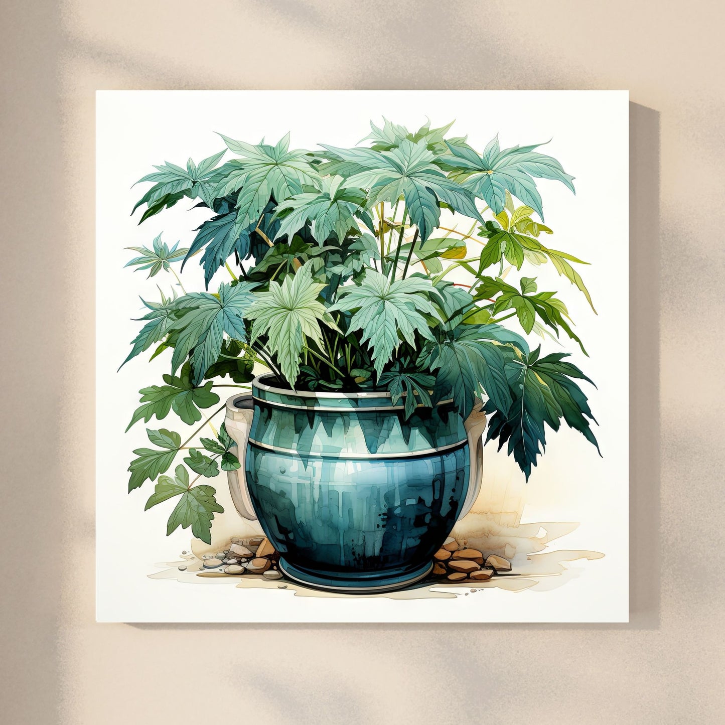 "Grønne Vekster", er en nøye utført grafisk akvarellillustrasjon som fanger essensen av grønne vekster i krukker. De delikate detaljene og de livlige fargene i dette kunstverket gir en følelse av ro og naturlig skjønnhet til ethvert rom. Illustrasjonsbilde viser motivet på lerret.