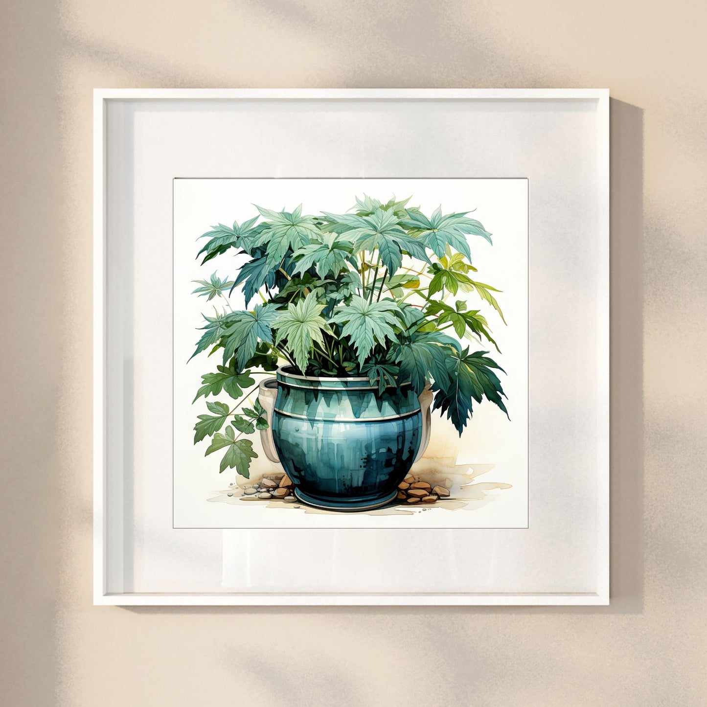 "Grønne Vekster", er en nøye utført grafisk akvarellillustrasjon som fanger essensen av grønne vekster i krukker. De delikate detaljene og de livlige fargene i dette kunstverket gir en følelse av ro og naturlig skjønnhet til ethvert rom. Illustrasjonsbilde viser motivet i hvit ramme.