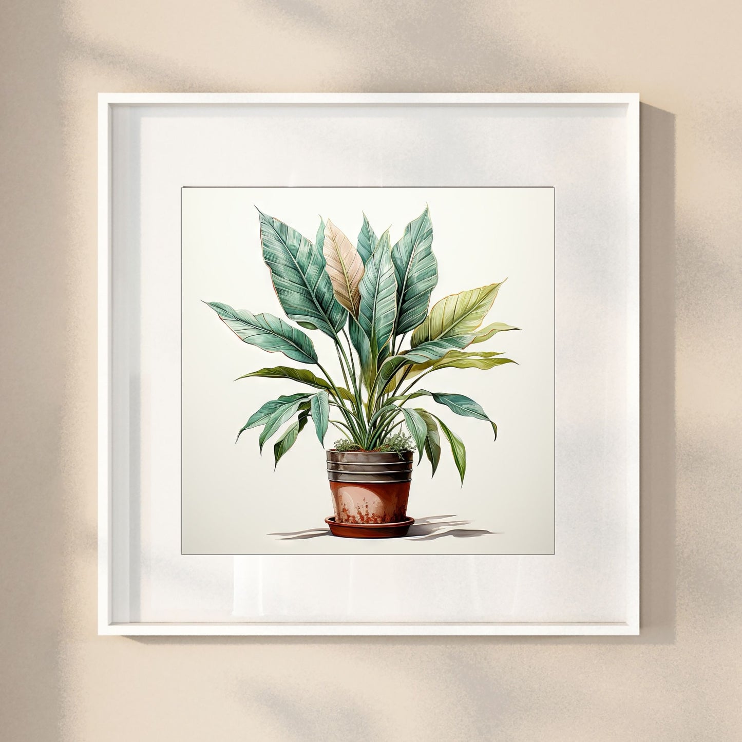 "Grønne Vekster", er en nøye utført grafisk akvarellillustrasjon som fanger essensen av grønne vekster i krukker. De delikate detaljene og de livlige fargene i dette kunstverket gir en følelse av ro og naturlig skjønnhet til ethvert rom. Illustrasjonsbilde viser motivet i hvit ramme.