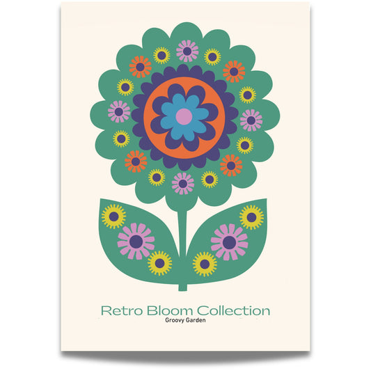 Groovy Garden kombinerer et symmetrisk blomsterdesign med sterke farger og et nostalgisk uttrykk.