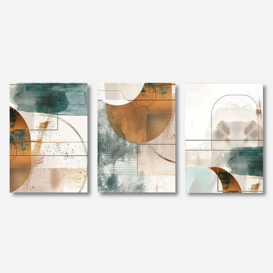 Disse geometriske formene i jordnære fargetoner som rust, teal og krem gir en perfekt balanse mellom moderne design og tidløs eleganse. Miljøfoto viser motivene på lerret.