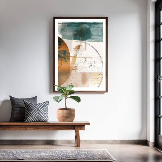 Disse geometriske formene i jordnære fargetoner som rust, teal og krem gir en perfekt balanse mellom moderne design og tidløs eleganse. Miljøfoto viser motivet som plakat i ramme.
