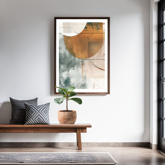 Disse geometriske formene i jordnære fargetoner som rust, teal og krem gir en perfekt balanse mellom moderne design og tidløs eleganse. Miljøfoto viser motivet som plakat i ramme.