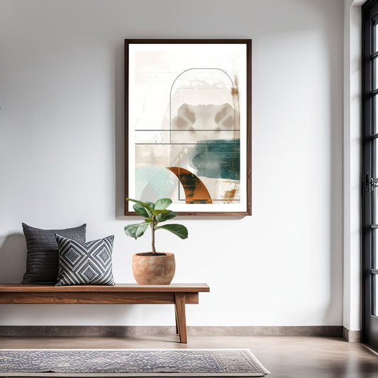 Disse geometriske formene i jordnære fargetoner som rust, teal og krem gir en perfekt balanse mellom moderne design og tidløs eleganse. Miljøfoto viser motivet som plakat i ramme.