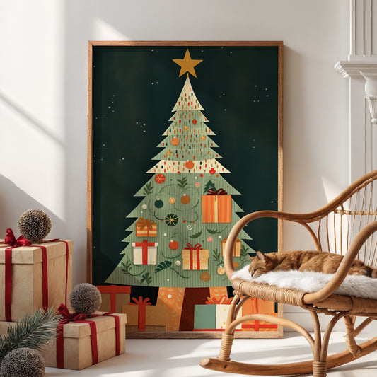 Klassisk grønt juletre pyntet med vakre gaver og nostalgiske detaljer – et motiv som bringer frem ekte juleglede. Illustrasjon viser plakat uten hvit kantlinje i ramme.