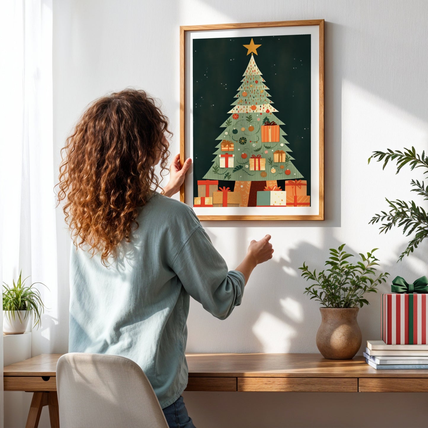 Klassisk grønt juletre pyntet med vakre gaver og nostalgiske detaljer – et motiv som bringer frem ekte juleglede. Illustrasjon viser plakat med hvit kantlinje i ramme.