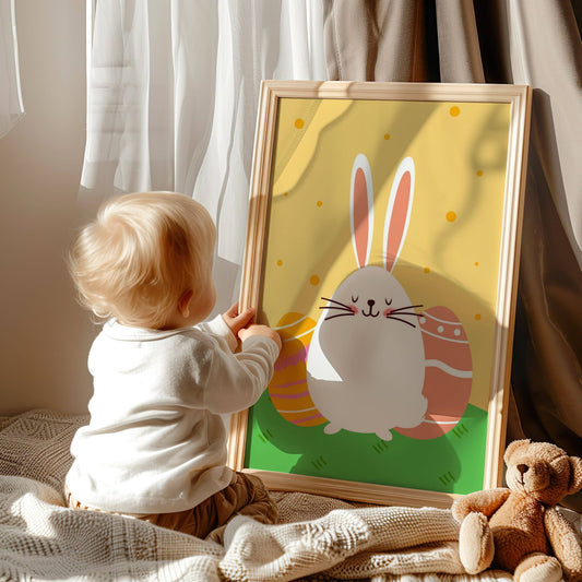 Denne søte påskeplakaten har et lekent design med en rund og smilende påskehare omgitt av fargerike påskeegg, satt mot en varm gul bakgrunn som oser av vårstemning. Illustrasjonen viser plakaten uten hvit kant i eik ramme.